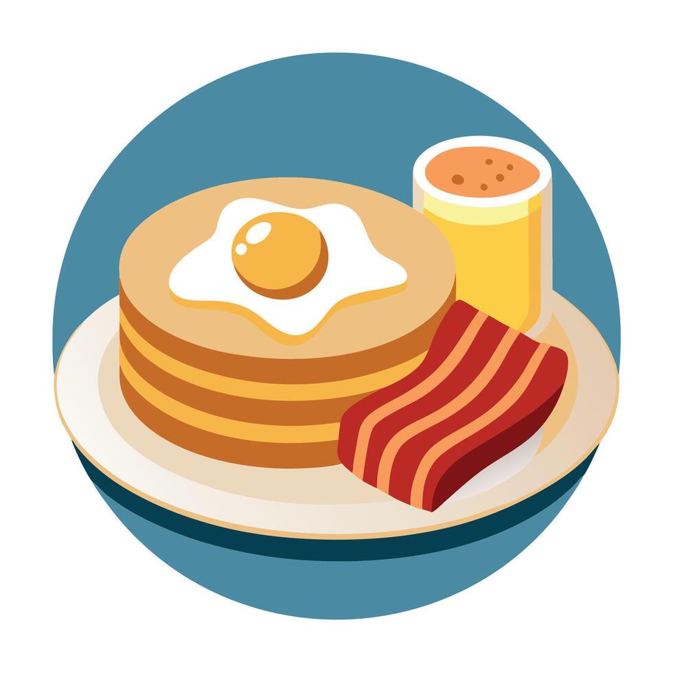 A dish consisting of a stack of pancakes with bacon and scrambled eggs. served on a plate. is a deli vector