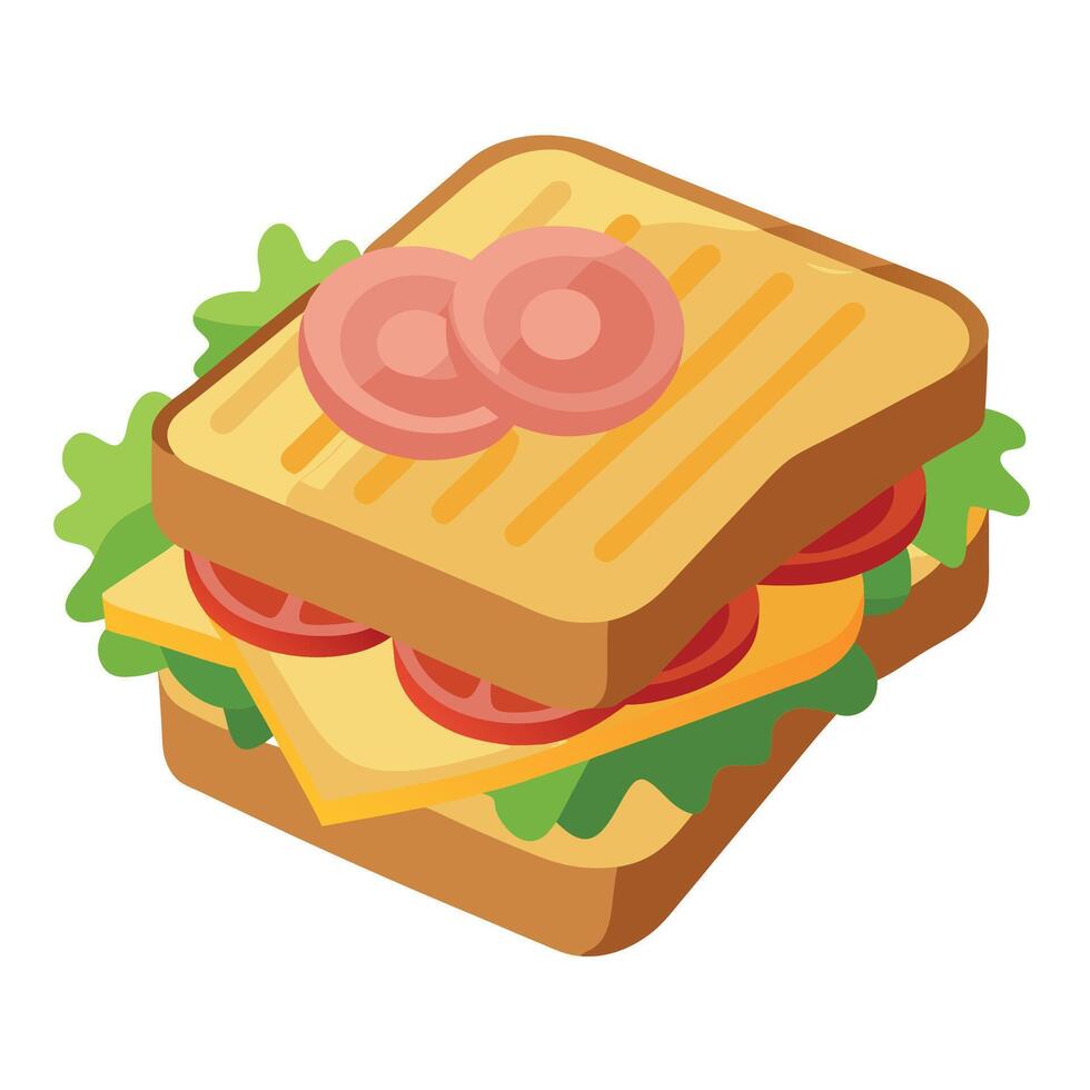 Grilled and pressed toast with smoked ham. cheese. tomato and lettuce vector