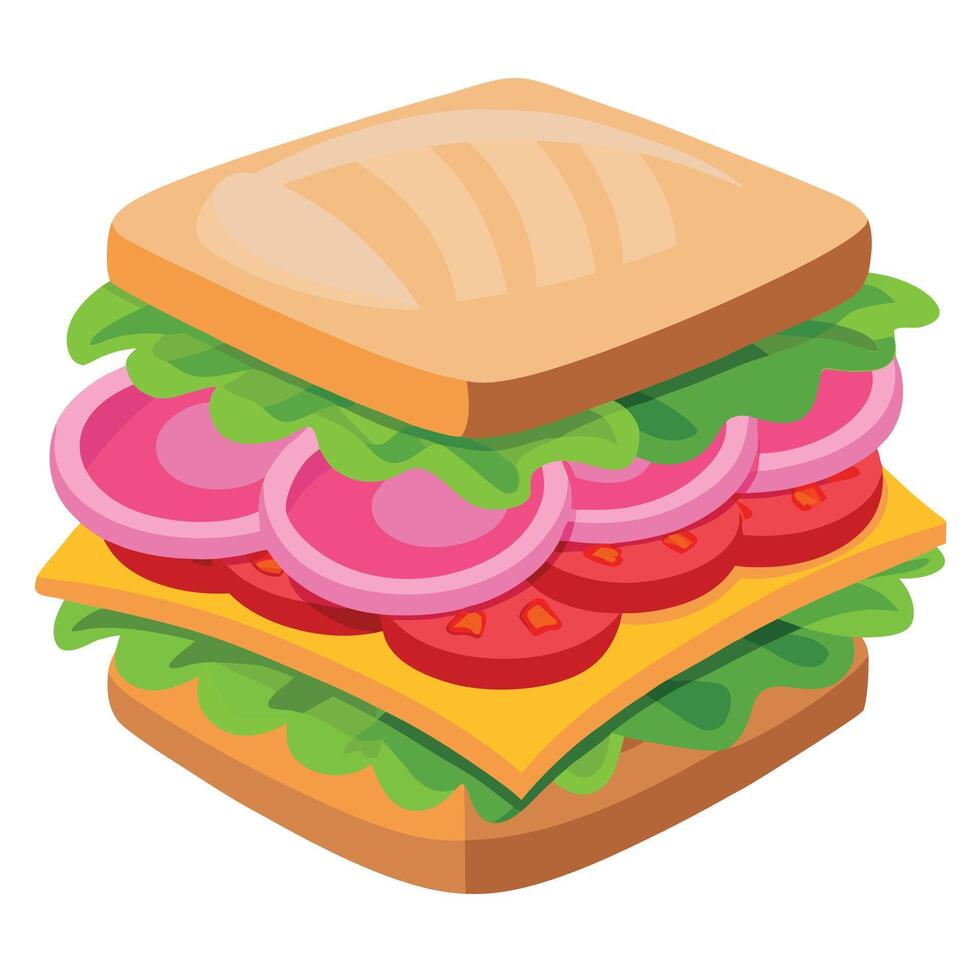 Close-up of a ham and veggie sandwich with fresh lettuce. juicy tomatoes. and red onions. served on vector