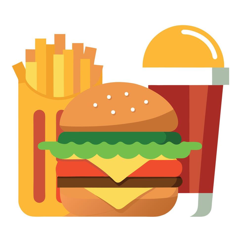 Burger with beef cutlets. tomatoes. cheese. lettuce and onions. beer and crispy fries vector