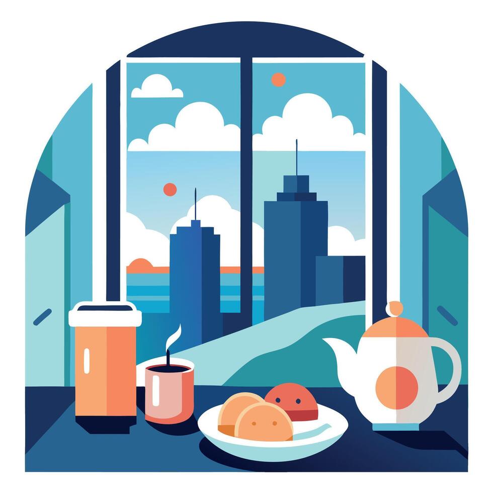 Breakfast next to the window overlooking the sea. in an urban condominium in the city vector