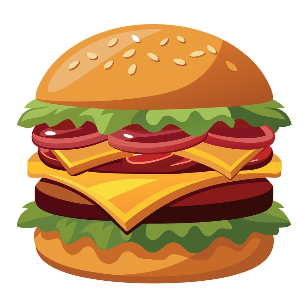 A detailed close-up of a classic beef burger featuring melted cheddar cheese. crisp lettuce. and sav vector