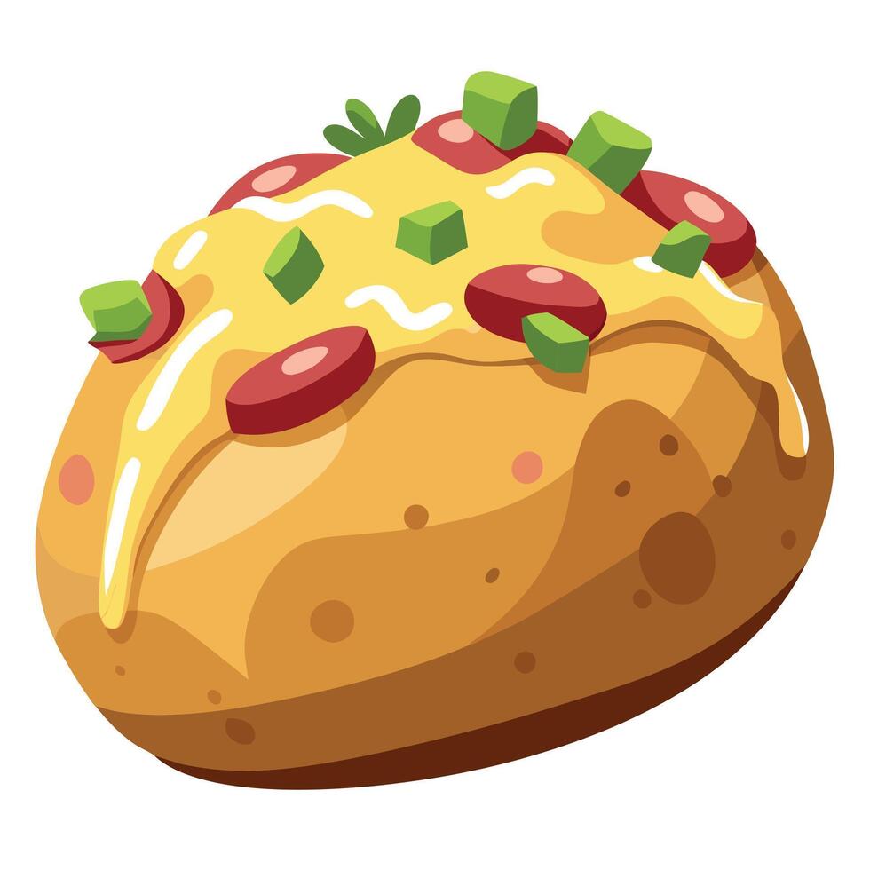 Freshly baked potato smothered in melted cheese. crispy bacon. and vibrant green scallions. perfectl vector