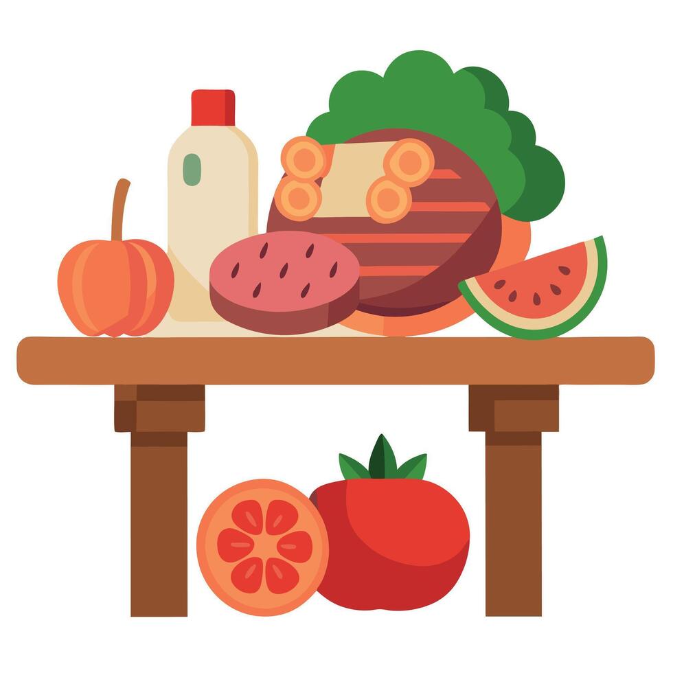 A variety of meats and vegetables are displayed on a wooden table. The meats include ham. salami. an vector