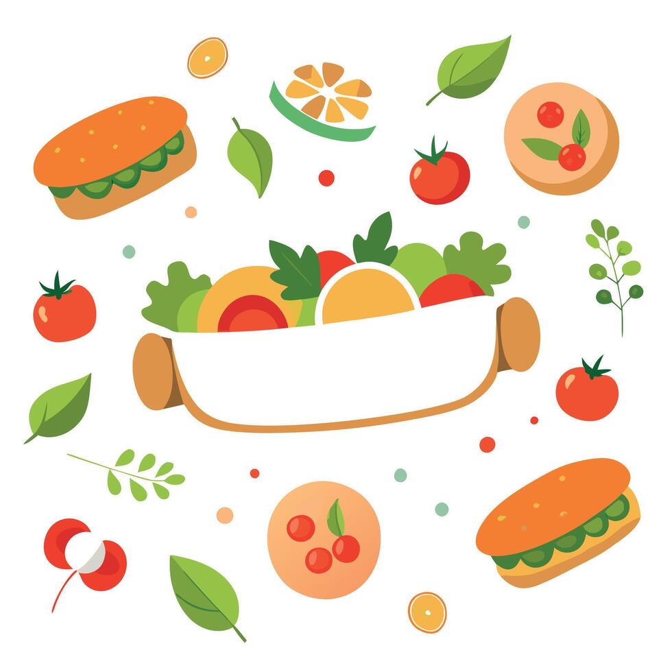 Horizontal banner for a catering company. a set of bruschetta with vegetables and herbs. an assortme vector