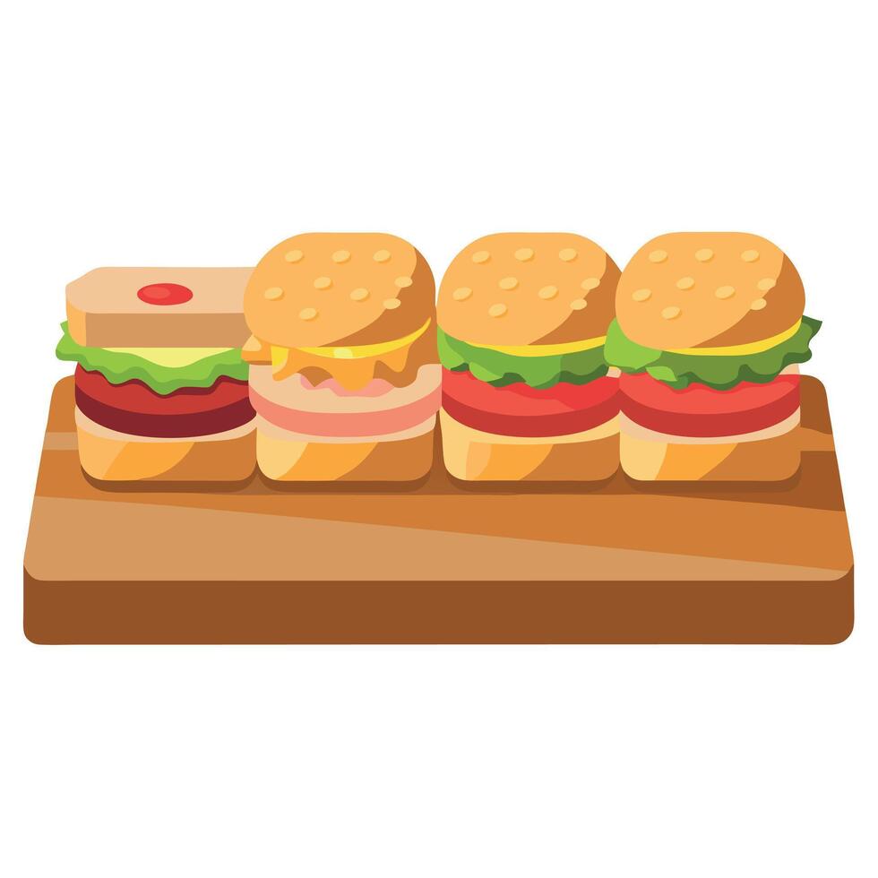 Four sandwiches with different fillings are displayed on a wooden table. The sandwiches are arranged vector