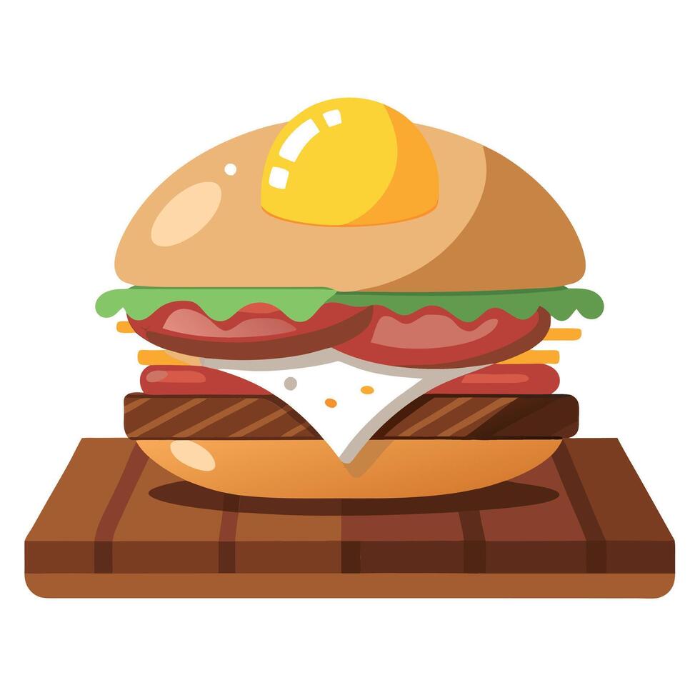 American restaurant serving tasty gourmet beef egg and bacon burger on a wooden table vector