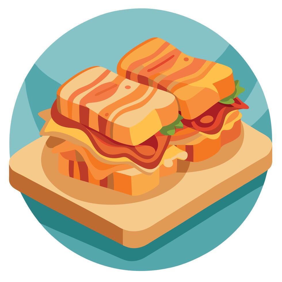 Delicious sandwiches with fried bacon on wooden rustic table. closeup vector