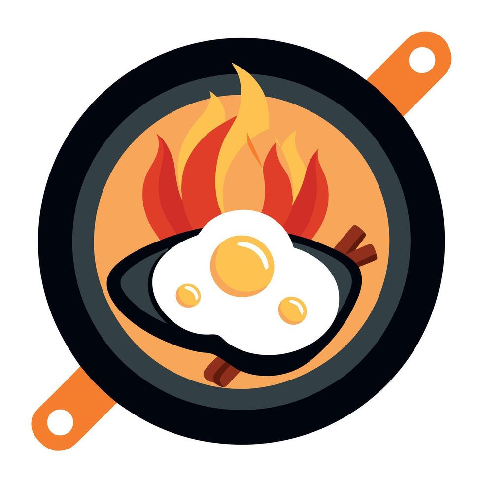 Cast Iron Pan Cooking Sunny Side Up Eggs and Bacon Over Campfire Flames vector