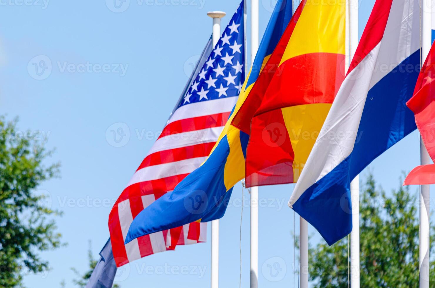 flags of different countries fluttering in the wind photo