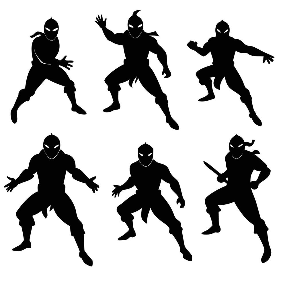 Stealthy Set of Six Ninja Silhouettes in Various Stealthy Poses vector