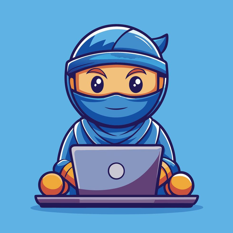 Cute Ninja Hard at Work on a Laptop Cartoon Icon for Design Projects vector