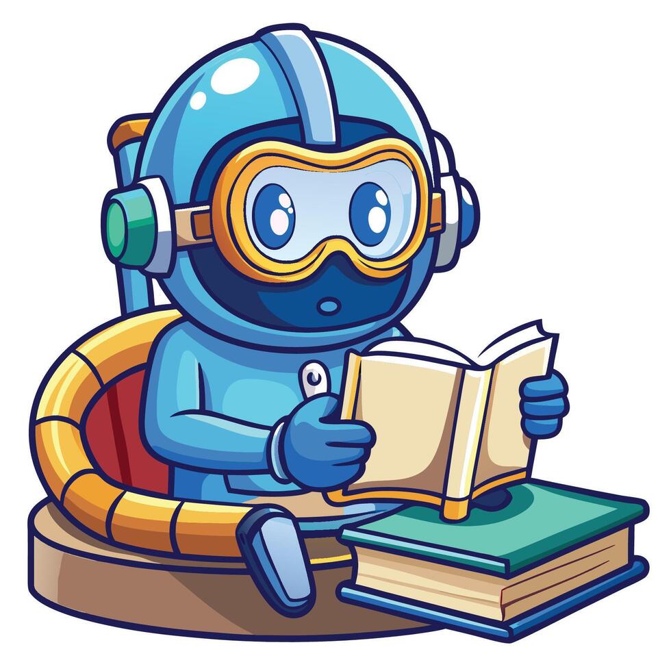 Adorable Cartoon Diver Indulging in a Book with a Cozy Cup of Coffee Underwater vector