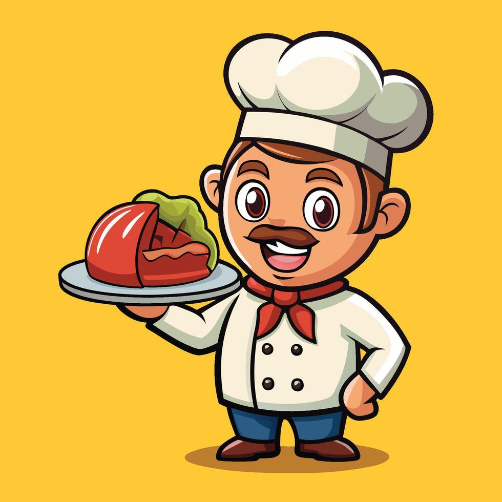 Cartoon Icon Featuring a Charming Meat Chef Serving a Mouthwatering Steak vector