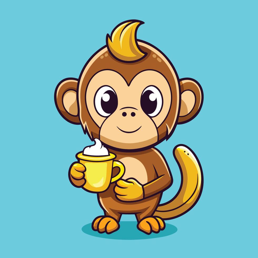 Adorable Monkey Relishing a Banana while Sipping Coffee in a Cartoon Rendering vector
