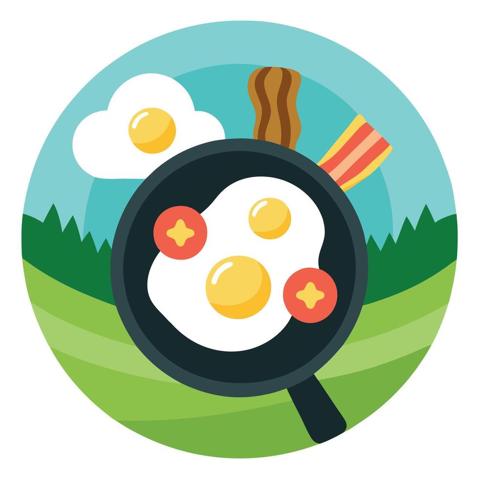 Delicious Sunny Side Up Eggs and Bacon in a Cast Iron Pan Outdoors vector