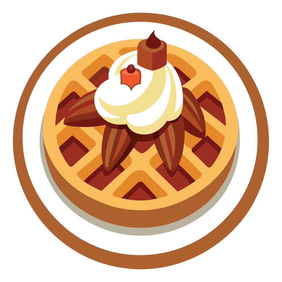 Delicious Bacon Pecan Waffles with Maple Pecan Sauce and Whipped Cream vector