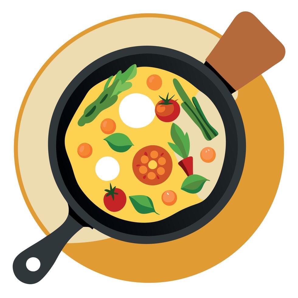 Italian style frittata with eggs asparagus and cherry tomatoescooked in a skillet vector