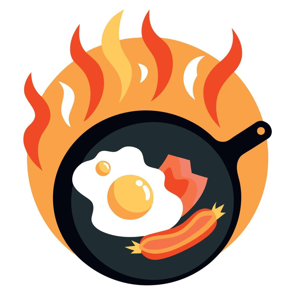 Cast Iron Pan With Sunny Side Up Eggs and Bacon Cooking Over Flames vector