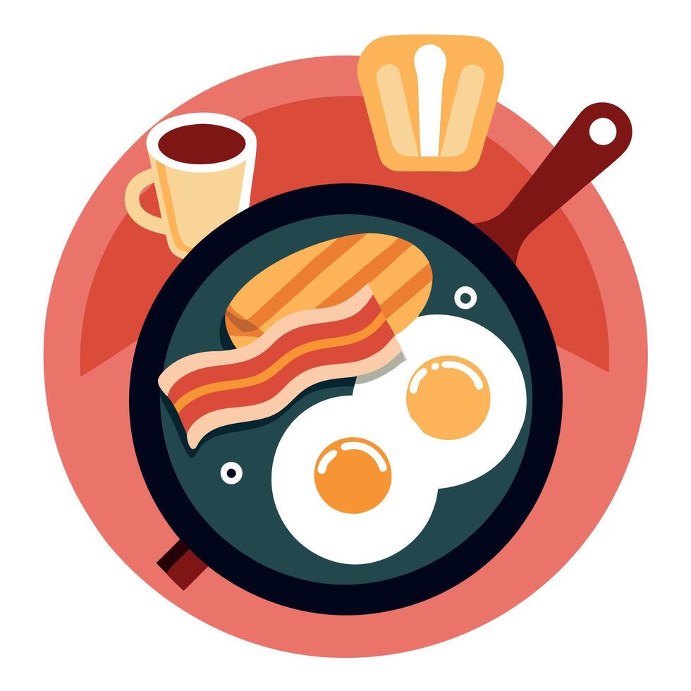 Farmhouse Breakfast with Cast-Iron Skillet Sizzling Bacon and Eggs vector