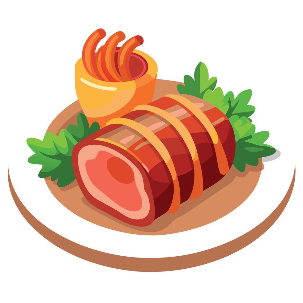 Delicious bacon wrapped filet mignon served with roasted vegetables vector