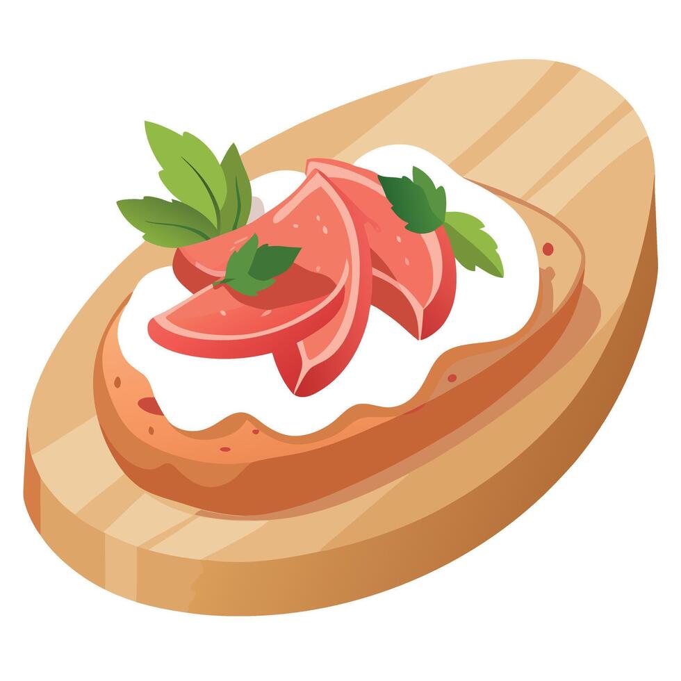 Bruschetta with prosciutto and cream cheese on wooden table.Macro. vector