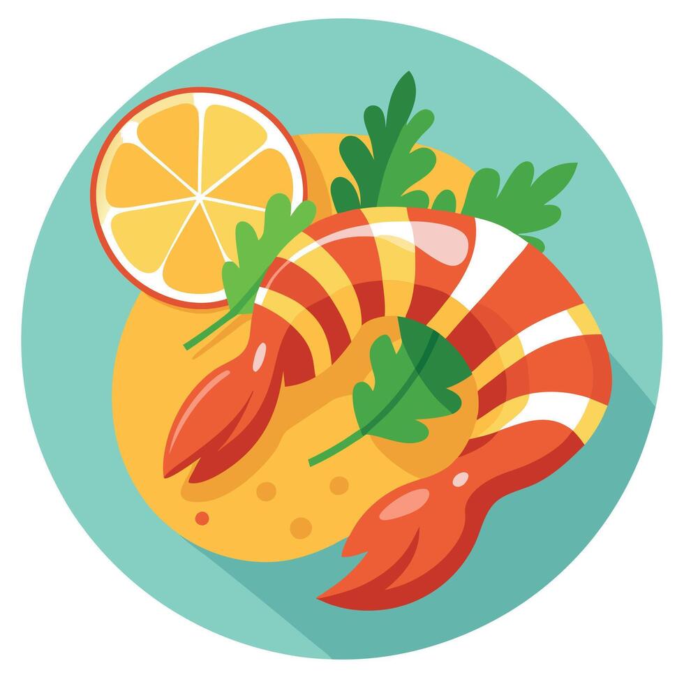 Close-up of grilled shrimp with bacon. thyme. and lime on a table. vector