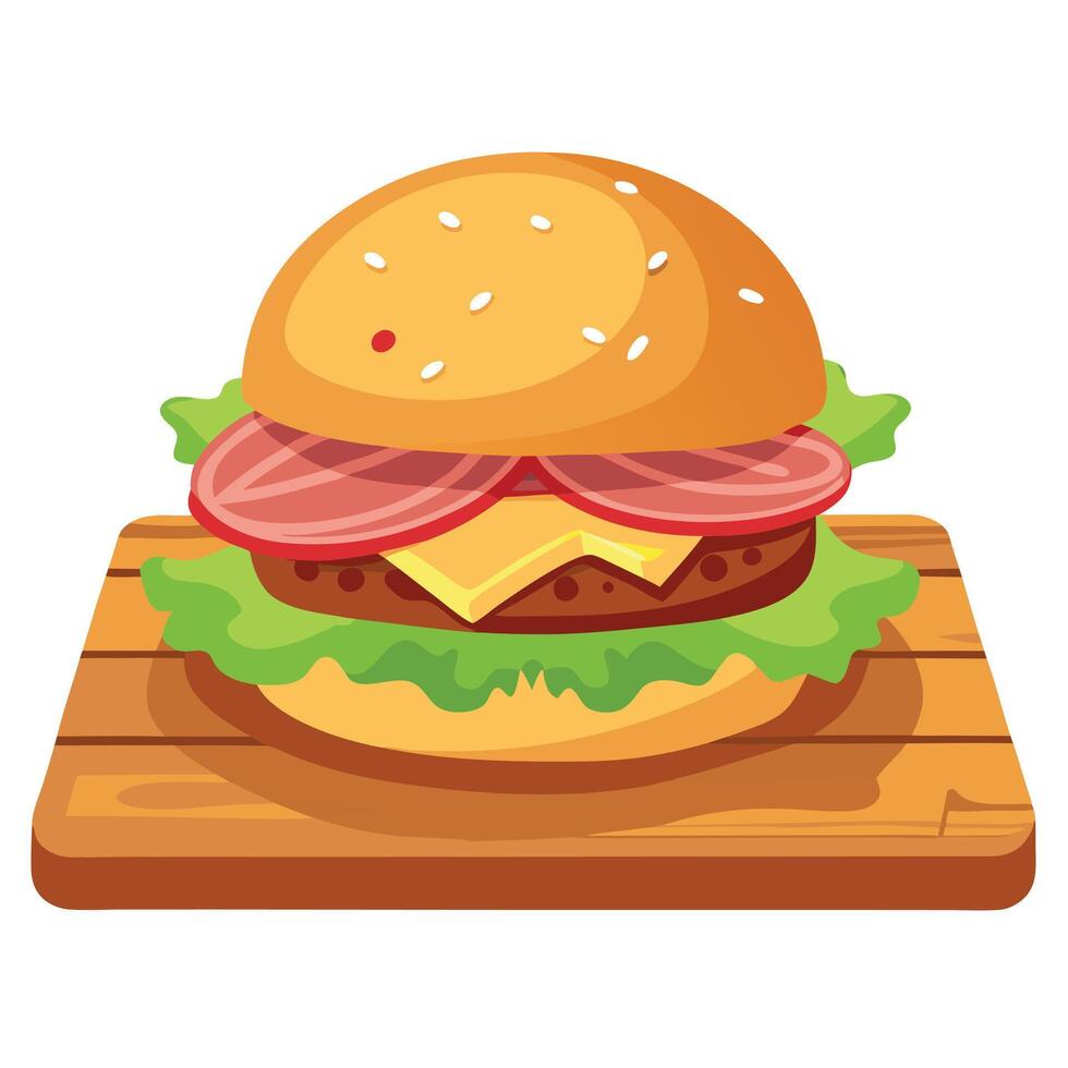 Delicious burger with lettuce. bacon. tomato. and cheese resting on cutting board vector