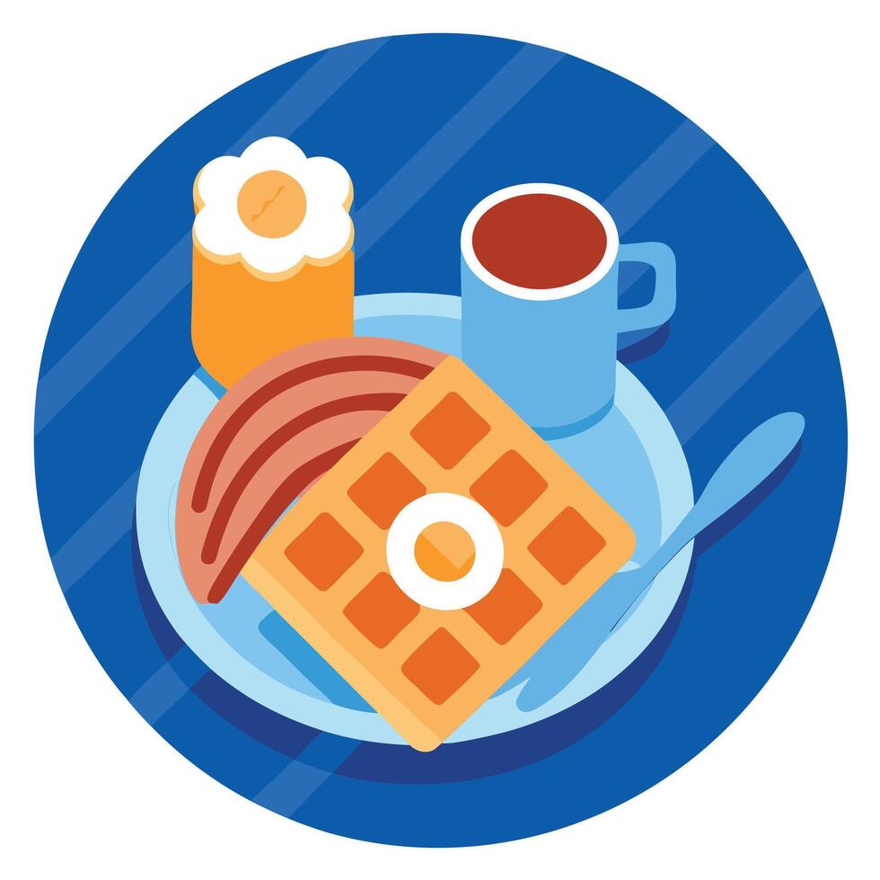 Three waffles on a blue and white plate with a cup of coffee and a photo of bacon vector