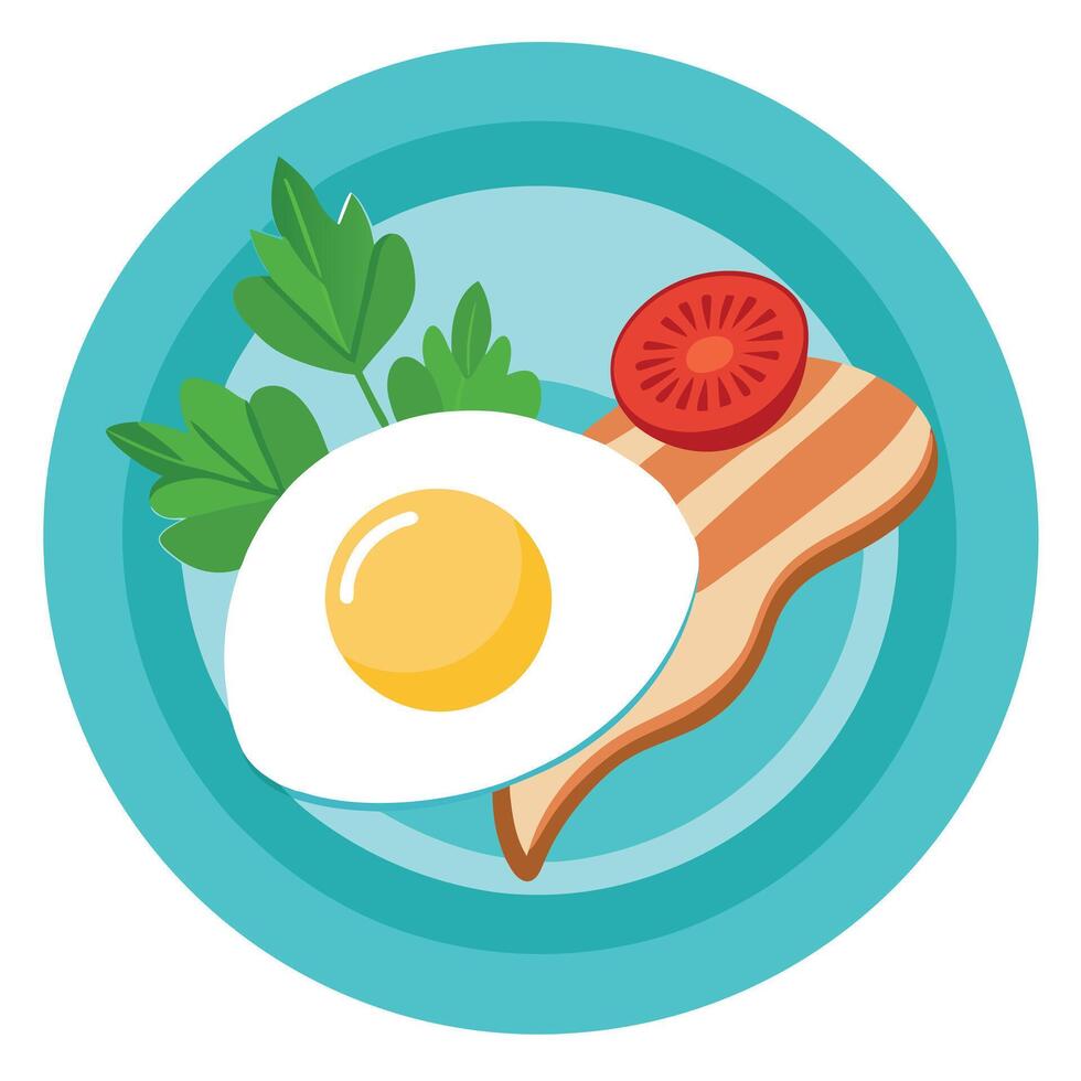 Delicious Breakfast with Sunny Side Up Egg. Bacon and Fresh Greens vector