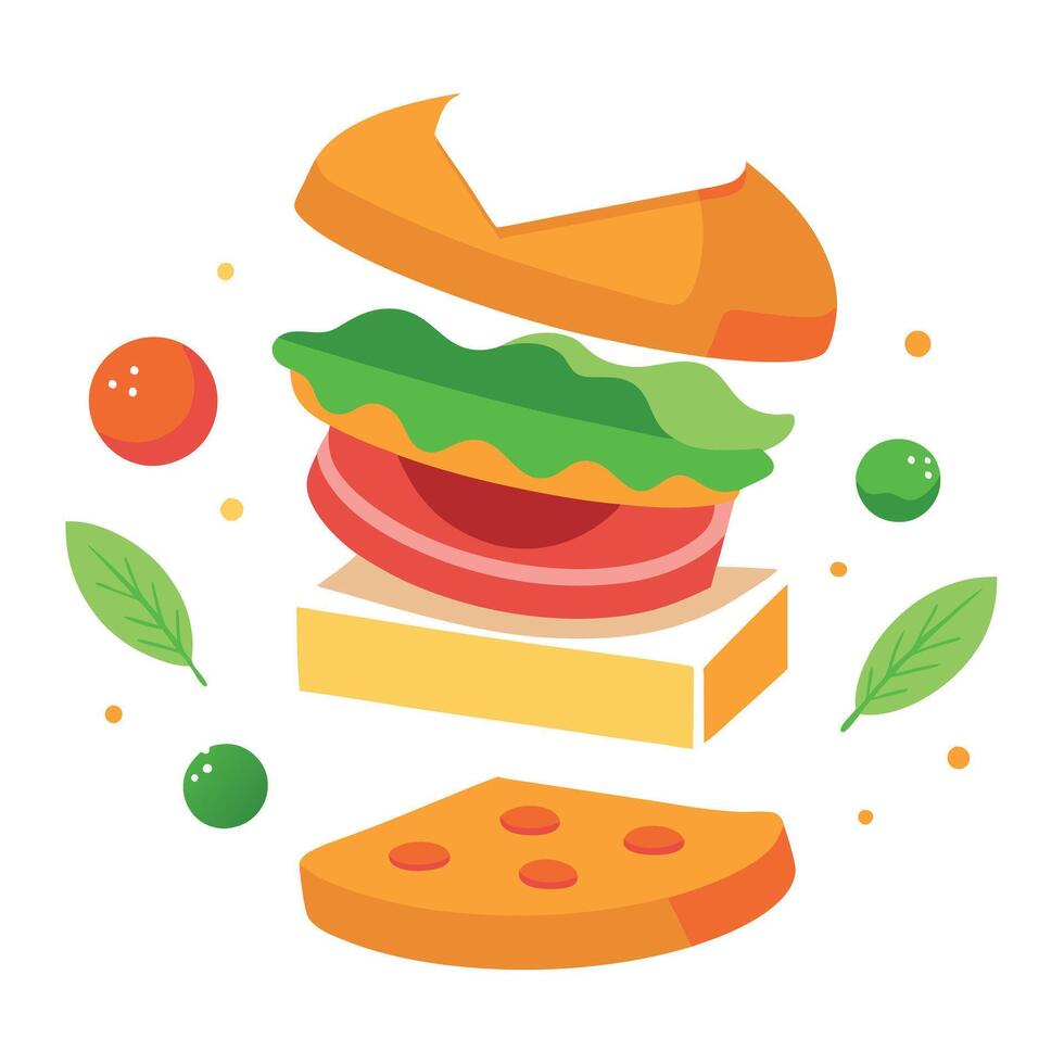 A deconstructed sandwich with ingredients floating above bread vector
