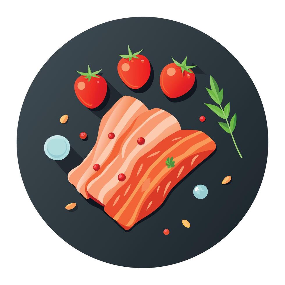 Freshly sliced bacon with spices. cherry tomatoes on slate vector