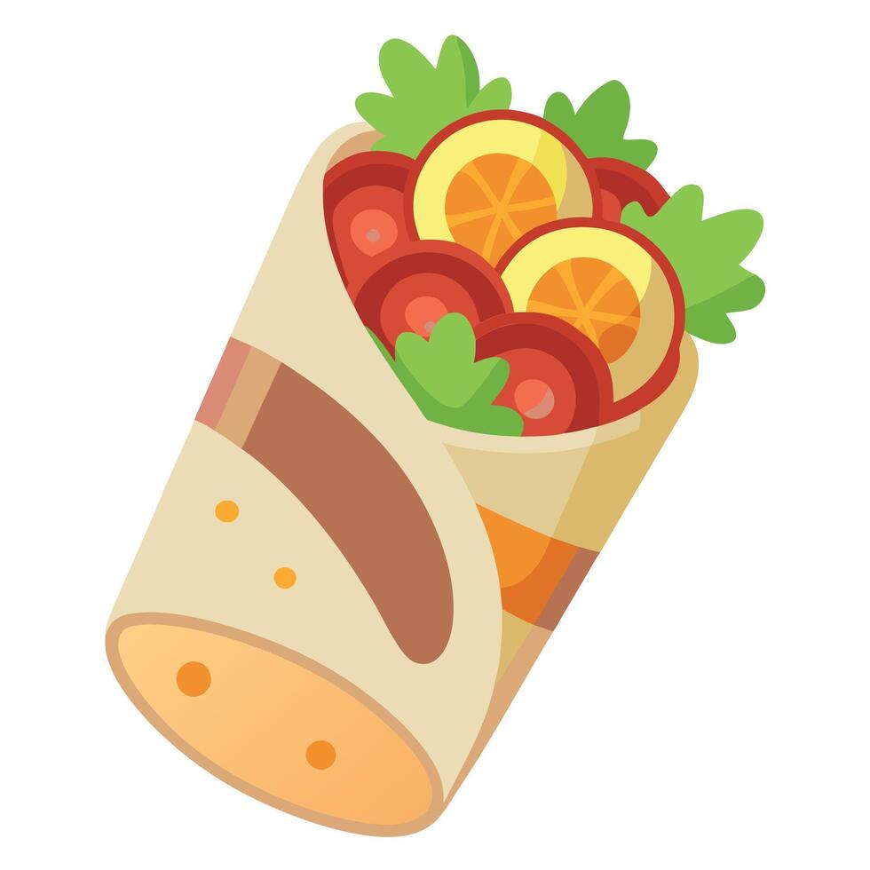 A breakfast burrito with bacon. eggs. tomatoes. and lettuce vector