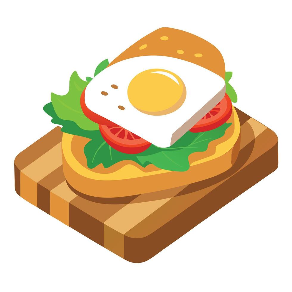 A sandwich with a fried egg and greens on a wooden board vector