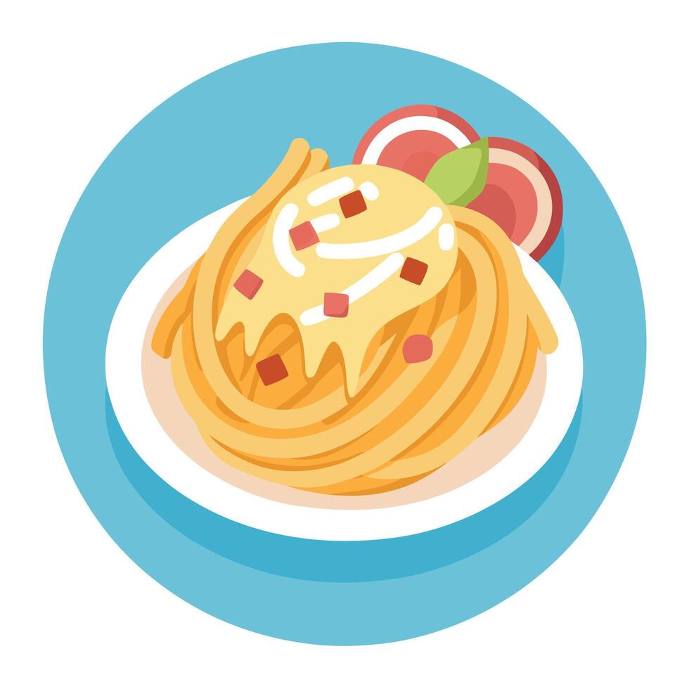 A plate of spaghetti carbonara with bacon and parmesan cheese. vector