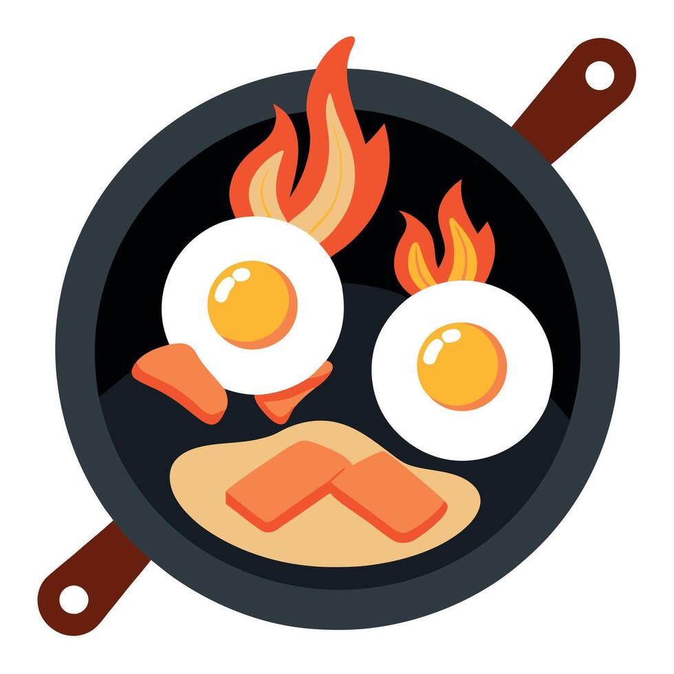 Cast Iron Pan With Sunny Side Up Eggs and Bacon on Campfire vector