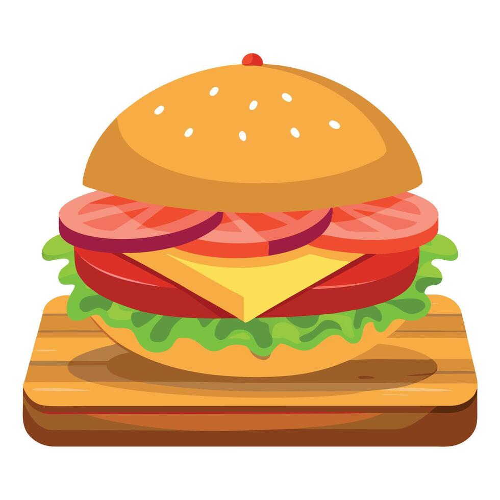 A large hamburger with bacon and tomatoes on a wooden board vector