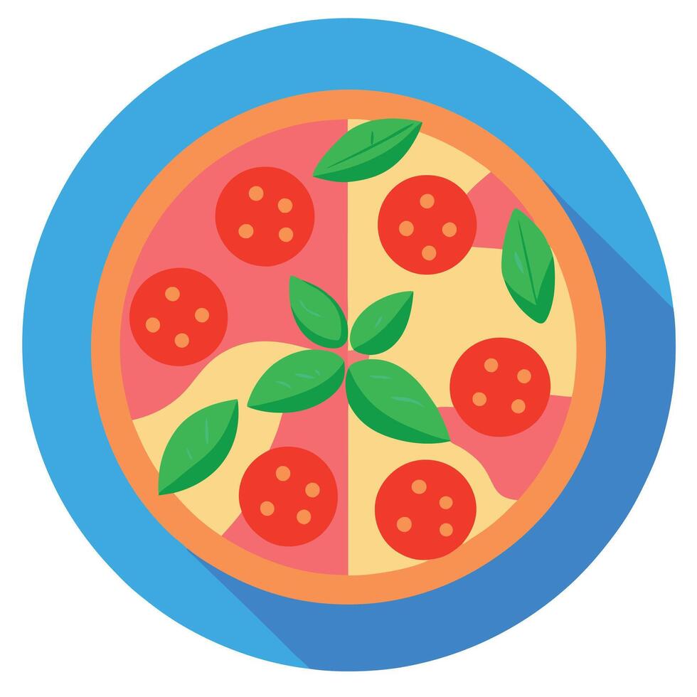 A pizza with pepperoni and basil on a pink and blue surface vector