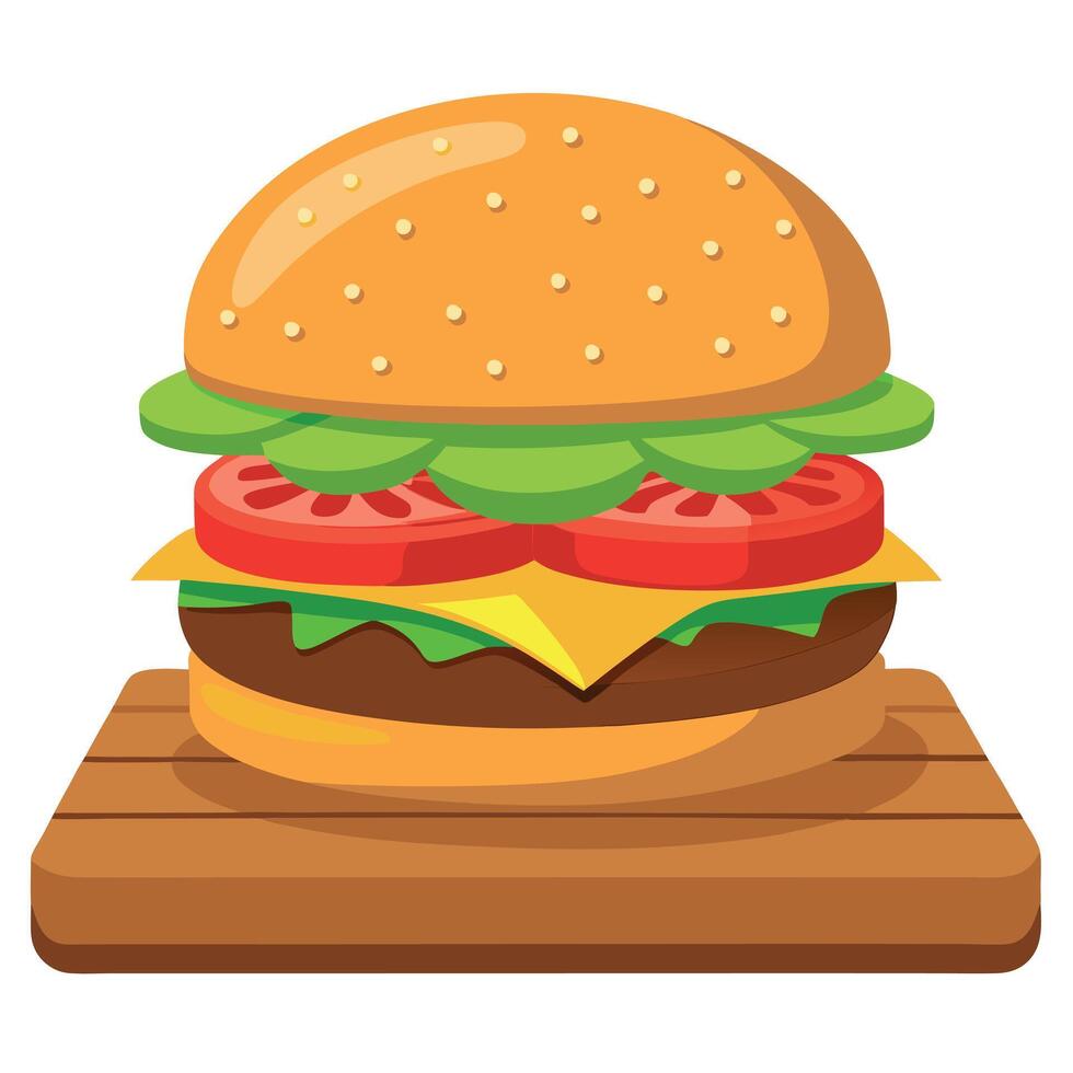 A burger with cheese and tomatoes on top of a wooden table vector