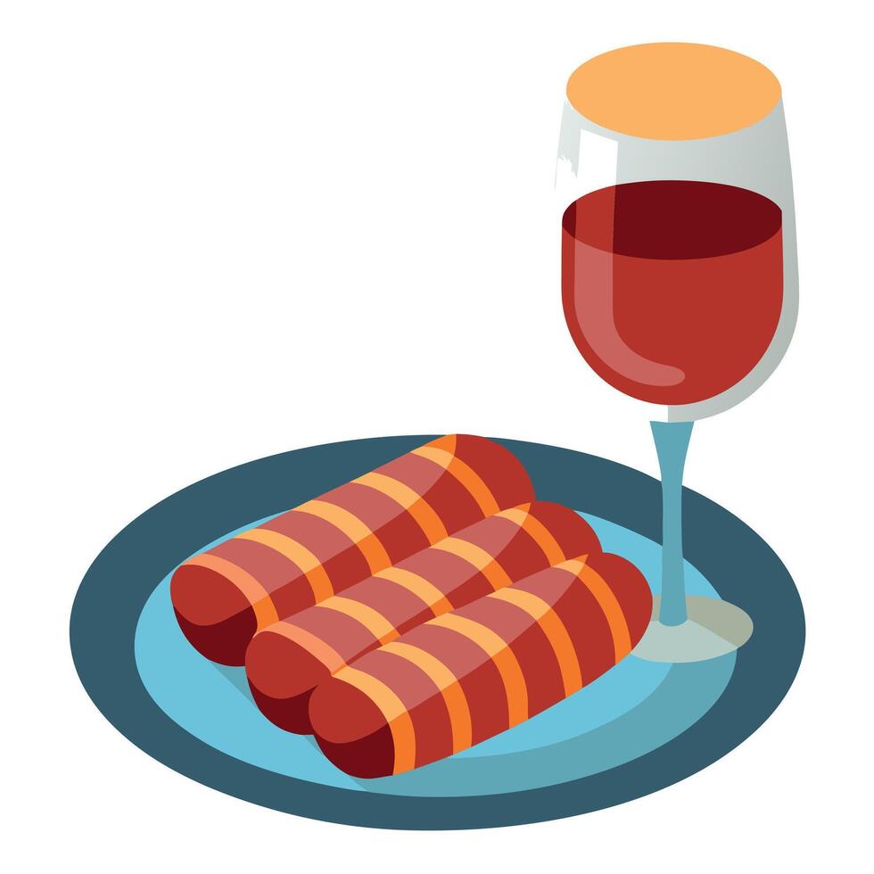 Grilled bacon wrapped little sausages served with red wine vector