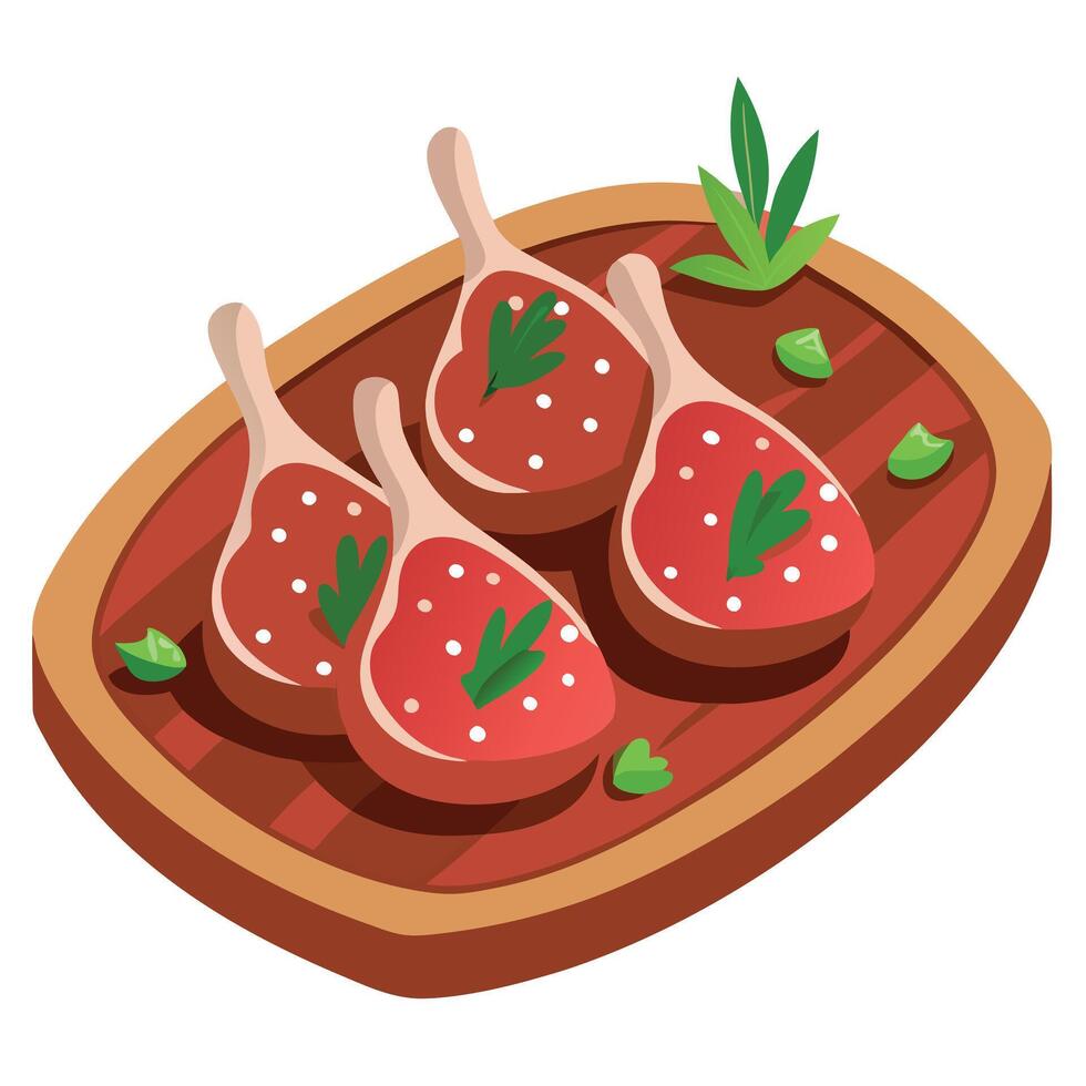Lamb meat chops on wooden tray with green herbs and spices vector