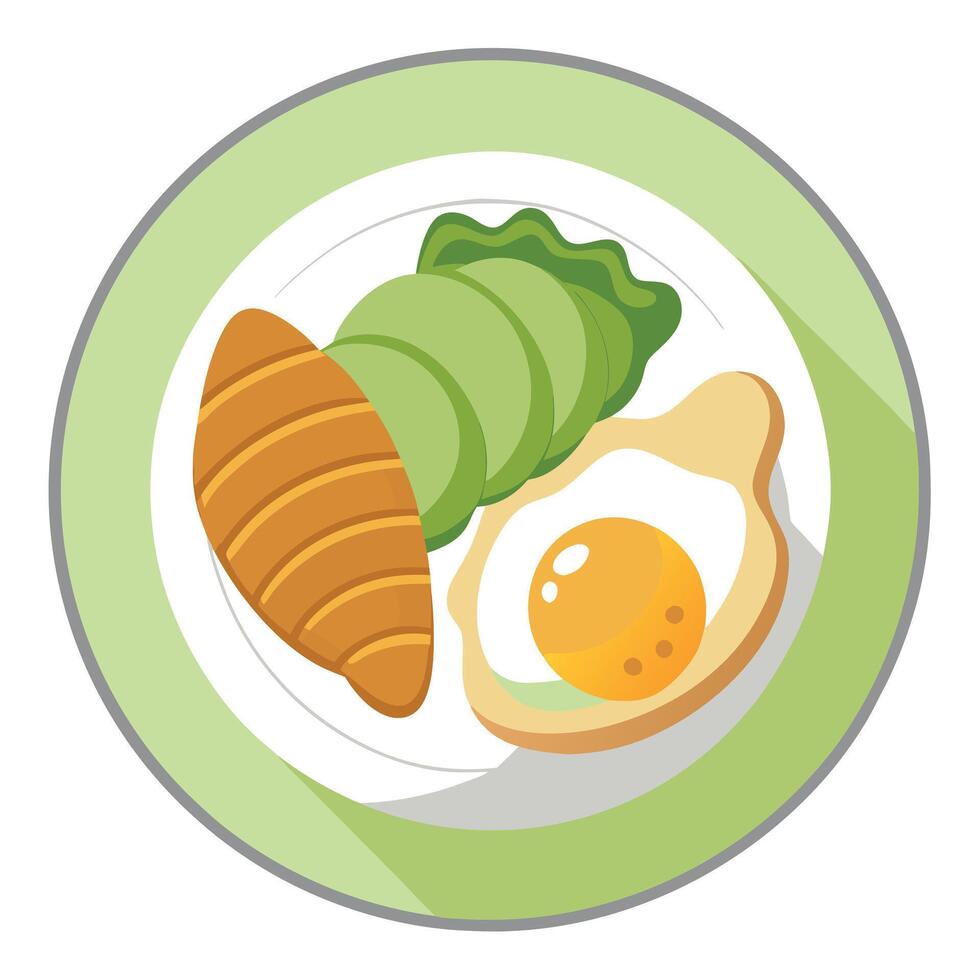 Croissant and avocado egg toast on a plate seen from above vector