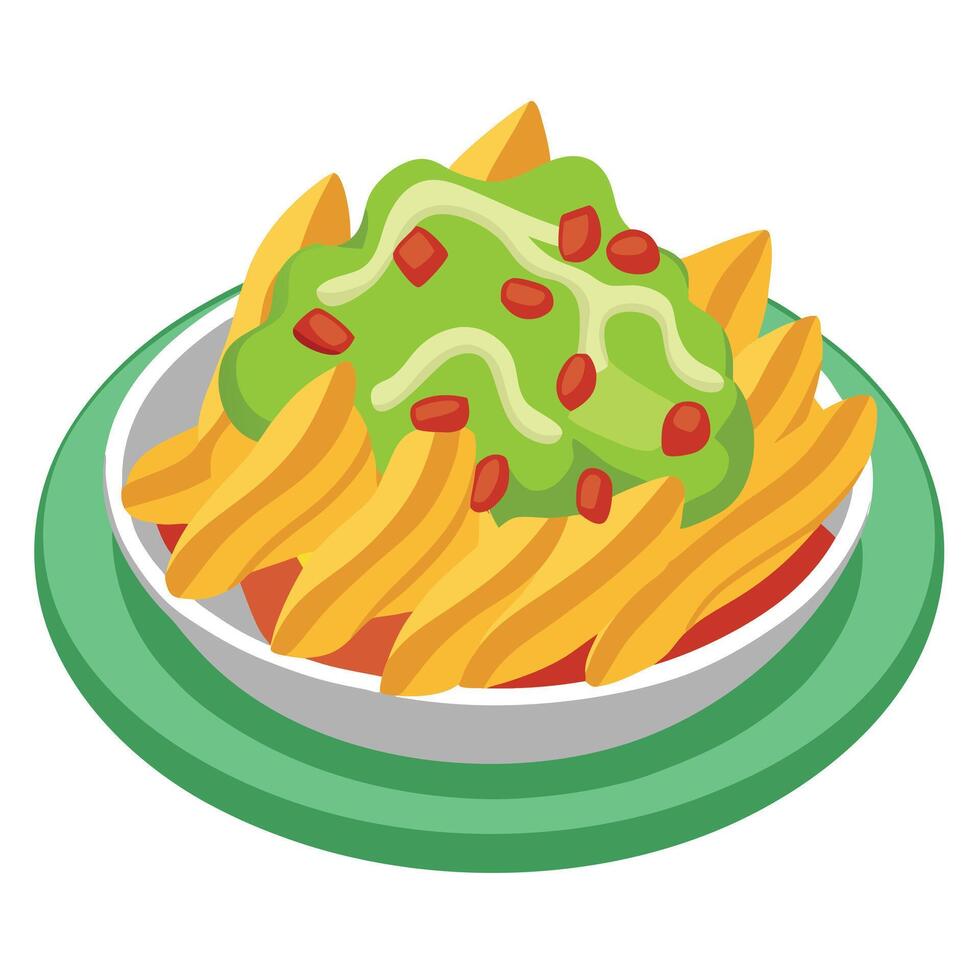A plate of loaded cheese fries topped with bacon and guacamole vector