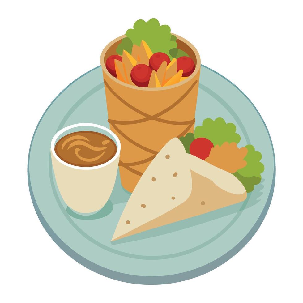 Chicken shawarma platter with hummus and pita bread vector