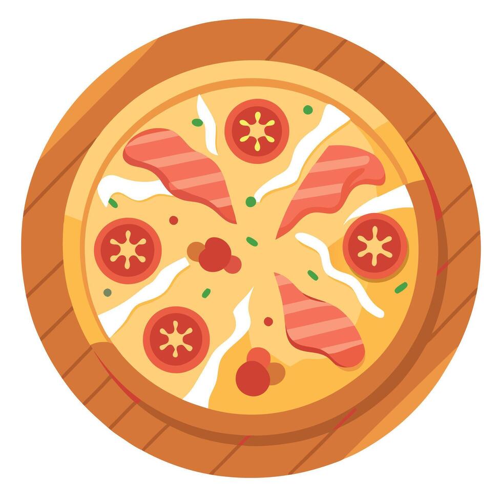 Delicious carbonara pizza with bacon on a wooden table vector