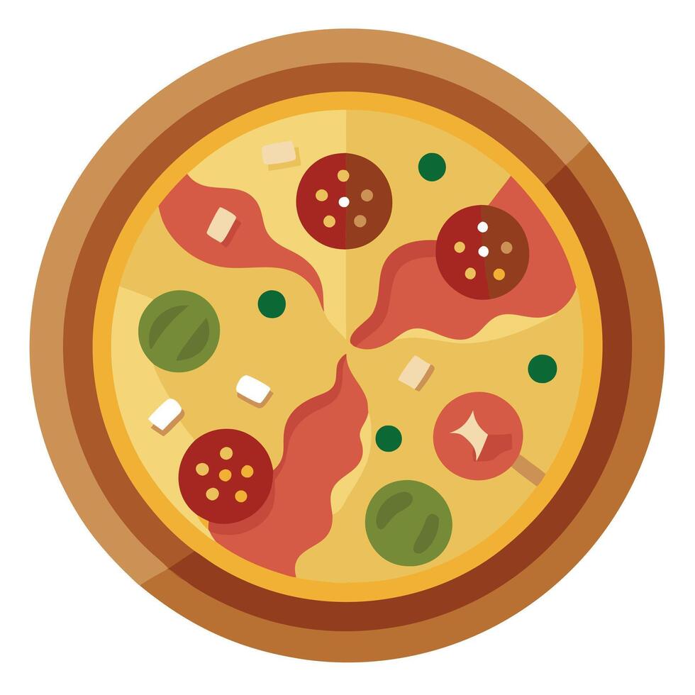 Chinese pizza with meat. bacon and olives. top view vector