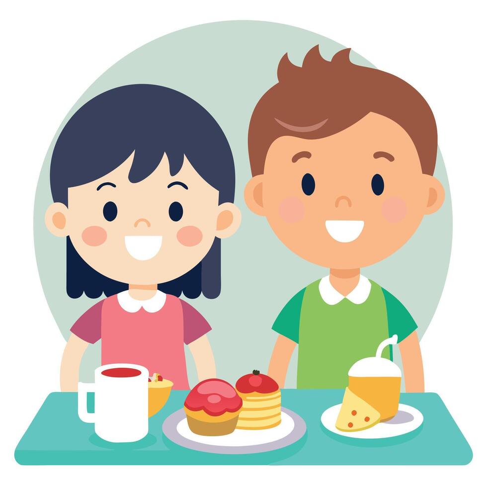 Happy kid and his sister enjoying in buffet breakfast vector