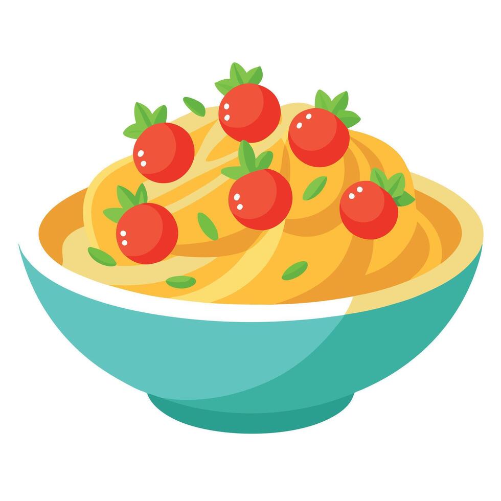 A bowl of pasta with cheese and tomatoes on top vector