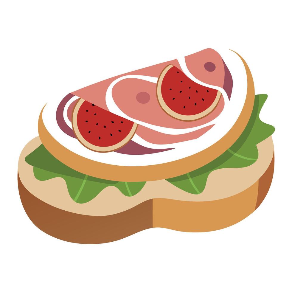 Goat cheese. prosciutto. fig. and walnut sandwich. vector