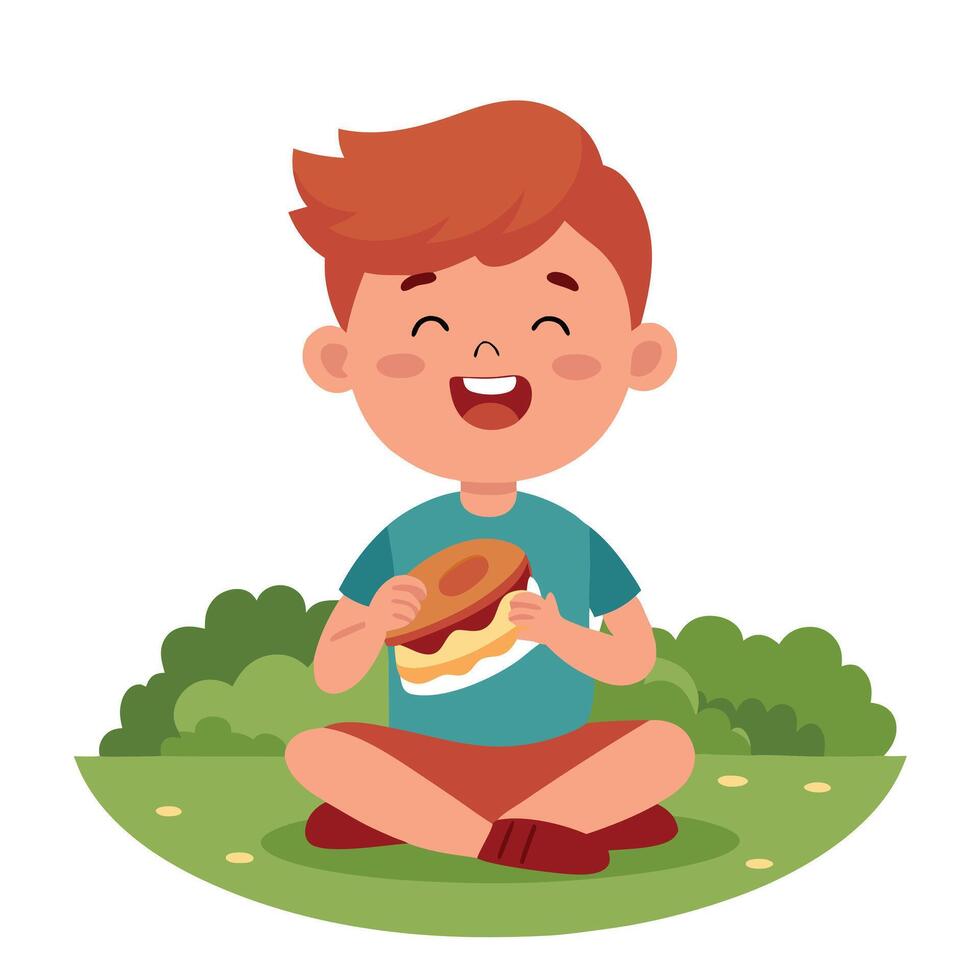 A child enjoying a crispy bacon sandwich at a picnic vector